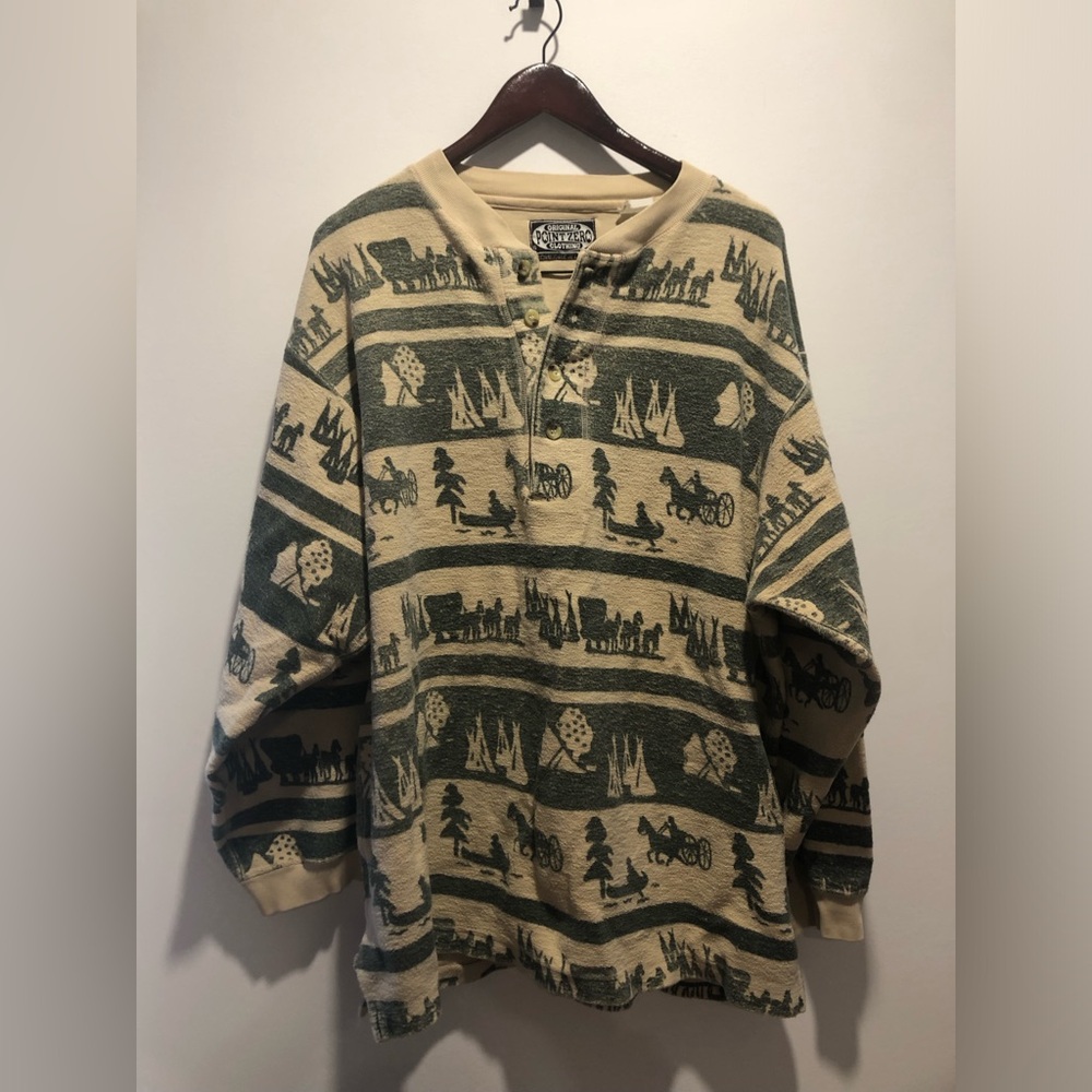 Vintage Point Zero Cream & Green Henley Sweater Americana